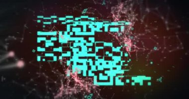 Animation of financial data processing over qr code and connections. Online identity, security, business, finance and data processing concept digitally generated video.