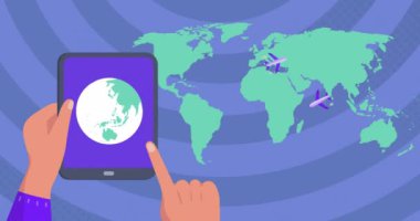 Animation of world map over hands using tablet. Social media, travel and digital interface concept digitally generated video.