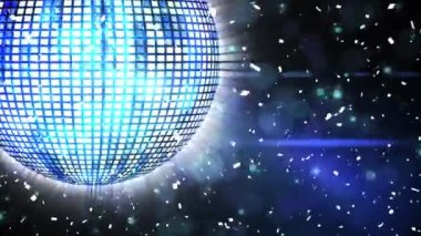 Animation of confetti against blue shiny disco ball spinning with light beams. Digital composite, celebration, holiday and seasonal, party, clubbing.