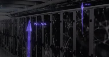 Animation of financial data processing with arrows over server room. Global business, finances and digital interface concept digitally generated video.