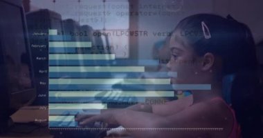 Animation of statistical data processing over hispanic girl using computer at school. School and education technology concept