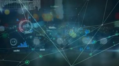 Animation of network of connections and data processing against people walking on the street. Global networking and business technology concept
