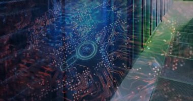 Animation of pricing strategy text over reading glass and server room. Global business and digital interface concept digitally generated video.