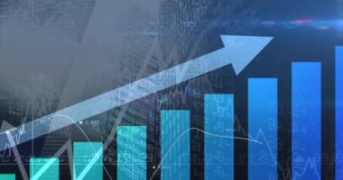 Animation of financial data processing with graph over cityscape. Global business, finances and digital interface concept digitally generated video.