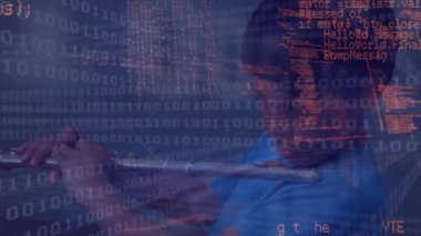 Animation of binary coding and data processing over indian boy playing flute at school. School and education technology concept