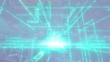 Animation of glowing green light trails over data processing and world map against grey background. Global networking and business technology concept