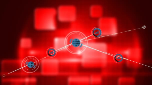 Animation Graph Globe Icons Connecting Lines Glowing Blurred Red Squares — Wideo stockowe