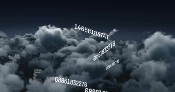 Animation Multiple Changing Numbers Floating Dark Clouds Sky Global Networking — ストック動画