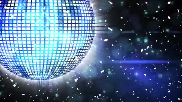 Animation Confetti Blue Shiny Disco Ball Spinning Light Beams Digital — Video Stock