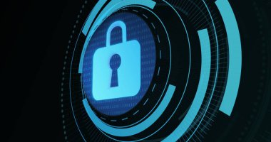 Image of digital padlock in processing circle on black background. Data processing, digital security and technology concept digitally generated image.