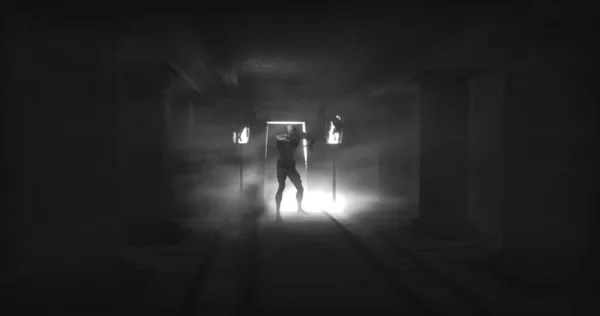 Image Scary Zombie Mummy Walking Dark Crypt Burning Torches Black — Photo