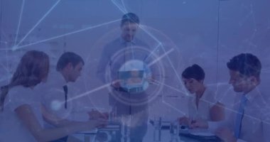Animation of icons connecting with lines and caucasian man briefing to coworkers in meeting. Digital composite, multiple exposure, teamwork, meeting, communication, business and technology.