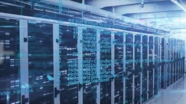 Animation of data processing and mosaic squares over empty computer server room. Business data storage technology concept
