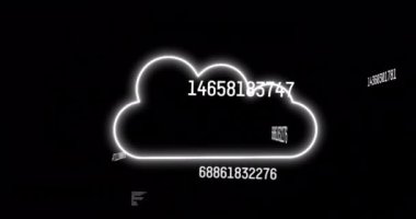 Animation of changing numbers over glowing cloud icon against black background. Cloud data storage and business technology concept