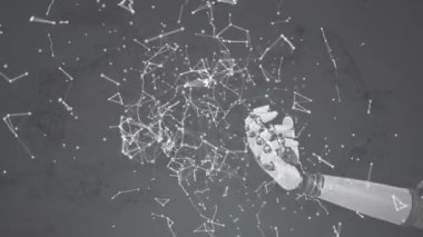 Digital animation of network of connections over robotic hand against grey background. Medical research and science technology concept