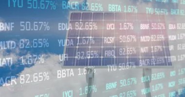 Animation of stock market data processing over solar panel against blue sky. Global economy and solar energy technology concept