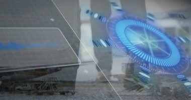 Animation of scope scanning and data processing over diverse people at airport. Global business, data processing and digital interface concept digitally generated video.