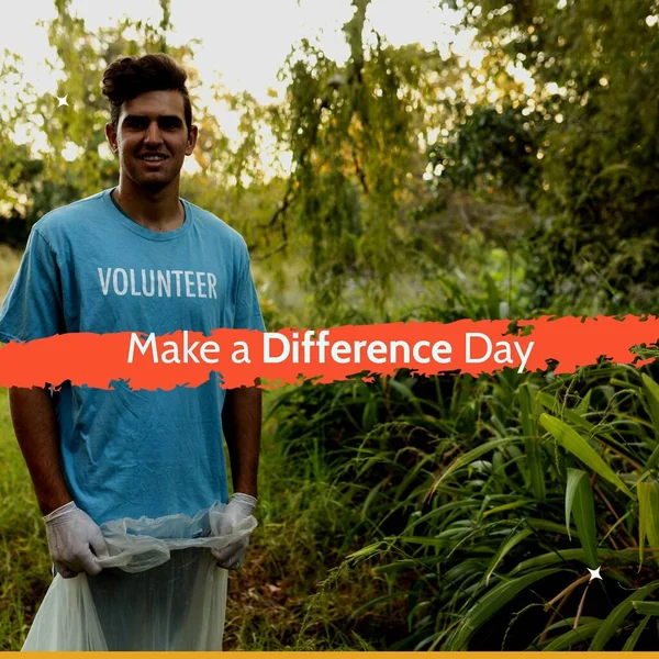 Composition of make a difference day text over biracial male volunteer segregating waste. Make a difference day and celebration concept digitally generated image.
