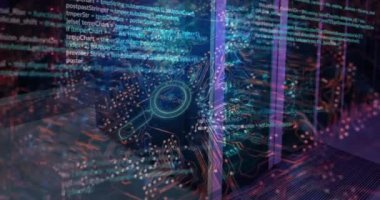 Animation of communication text over reading glass and data processing. Global business and digital interface concept digitally generated video.