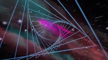 Animation of abstract triangular shape in seamless pattern over shining stars in space. Technology background concept
