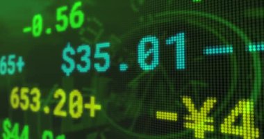 Animation of stock market over clock on green background. Global business, finances and digital interface concept digitally generated video.