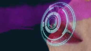 Animation of processing circle, yellow and purple smoke over lips of caucasian woman. Digital safety, bionic security, science and technology concept digitally generated video.