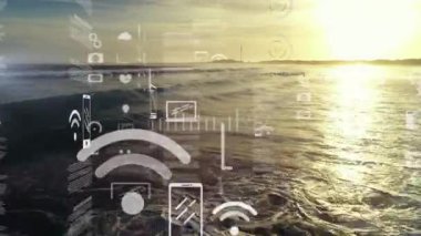Animation of infographic interface over scenic view of waves splashing against sky during sunset. Digital composite, multiple exposure, database, report, technology, sea, nature and scenery concept.