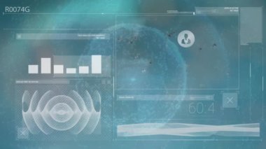 Animation of digital screen with diverse data and globe. Data processing, digital interface and technology concept digitally generated video.