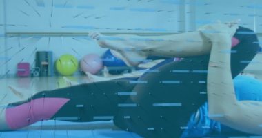 Animation of financial data processing over group of diverse women performing stretching exercise. Sports and fitness technology concept