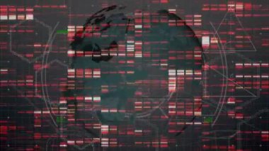 Animation of mosaic squares and scope scanning over spinning globe against grey background. Computer interface and business technology concept