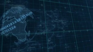 Animation of spinning globe and data processing against blue background. Computer interface and global networking technology concept