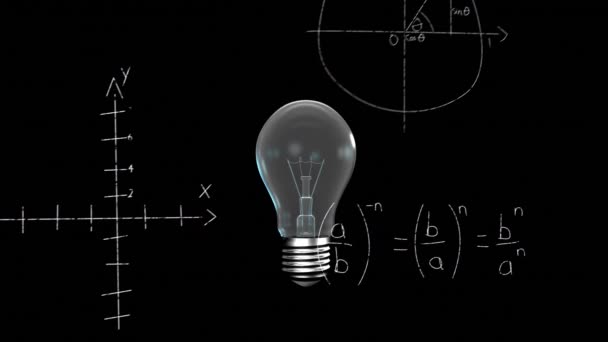 Animation Light Bulb Mathematical Equations Black Background Global Science Technology — Vídeos de Stock