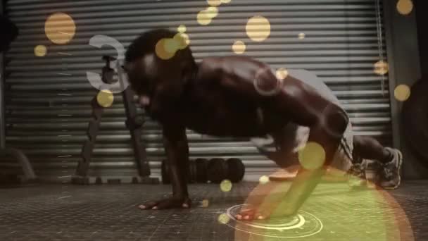 Animation Glowing Lens Flare Counter African American Man Doing Push — ストック動画