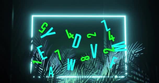 Animation Processing Data Blue Neon Ring Palm Leaves Black Background — Video Stock