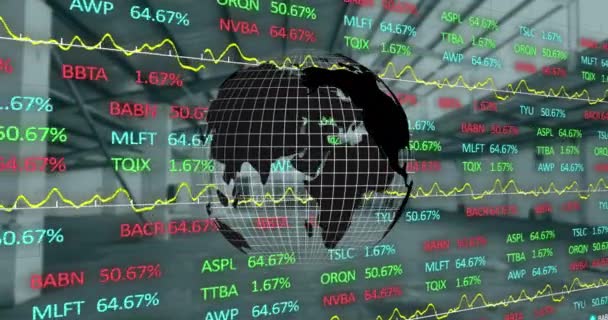 Animation Financial Data Graphs Moving Rotating Globe Building Interior Digital — Video