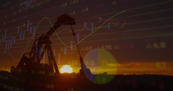 Animation Financial Data Processing Graph Pumpjack Black Background Global Business — ストック動画