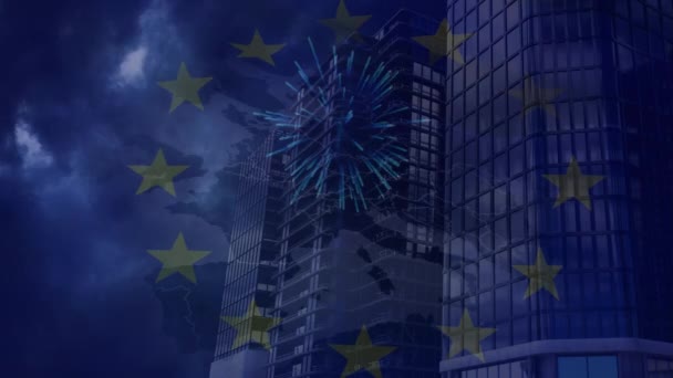 Animation Fireworks Exploding European Union Flag Map Tall Buildings European — Stockvideo