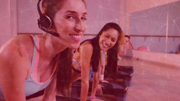 Animation Connecting Dot Moving Smiling Diverse Female Friends Exercising Gym — Stock video