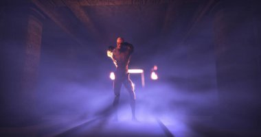 Image of scary zombie mummy walking around in dark crypt room with burning torches. Halloween fear, horror and suspense concept digitally generated image.