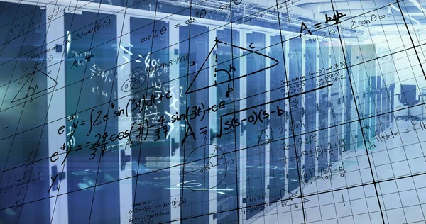 Image of processing data and maths calculations over computer server room. Global communication, research, data and network concept digitally generated image.