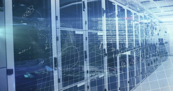 Image of processing data and maths calculations over computer server room. Global communication, research, data and network concept digitally generated image.