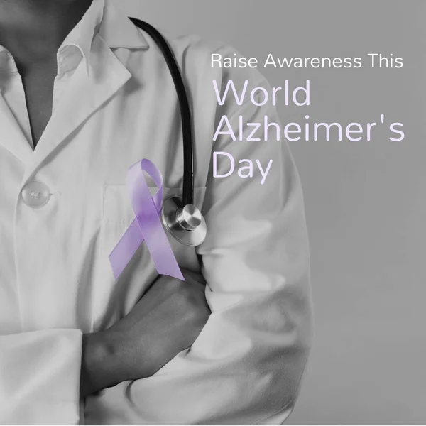 Animation of raise awaresess this world alzheimer\'s day text over african american female doctor. World alzheimer\'s day and celebration concept digitally generated image.