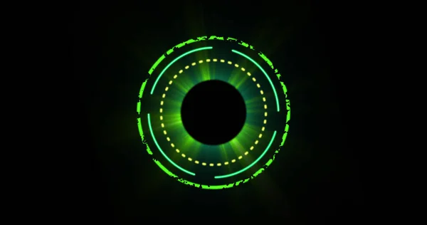 Image Glowing Green Circles Black Background Colour Movement Concept Digitally — Zdjęcie stockowe
