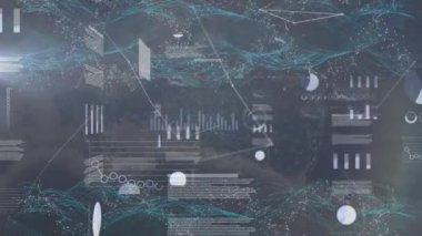 Animation of statistical data processing over digital waves against grey background. Computer interface and business networking technology concept