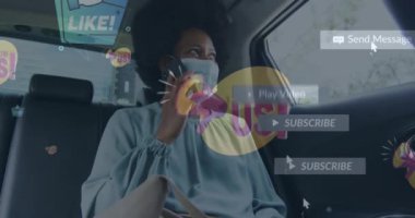 Animation of social media notifications over african american woman talking over phone in taxi. Digital composite, transportation, afro hair, internet, covid and technology concept.