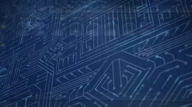 Animation of clouds with uploading and integrated circuit in navy background. Data processing, cloud computing and technology concept digitally generated video.