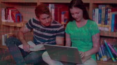 Animation of data processing over caucasian students talking. Global education and digital interface concept digitally generated video.