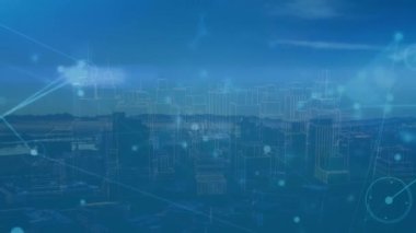 Animation of network of connections over cityscape. Global connections, networks and business concept digitally generated video.