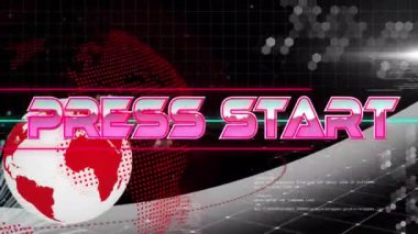 Animation of press start over black space with globe, data, hexagons and lines. Video games, communication and technology concept digitally generated video.