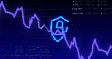 Animation of financial data processing with graph and padlock icon on blue background. Global business, finances and digital interface concept digitally generated video.